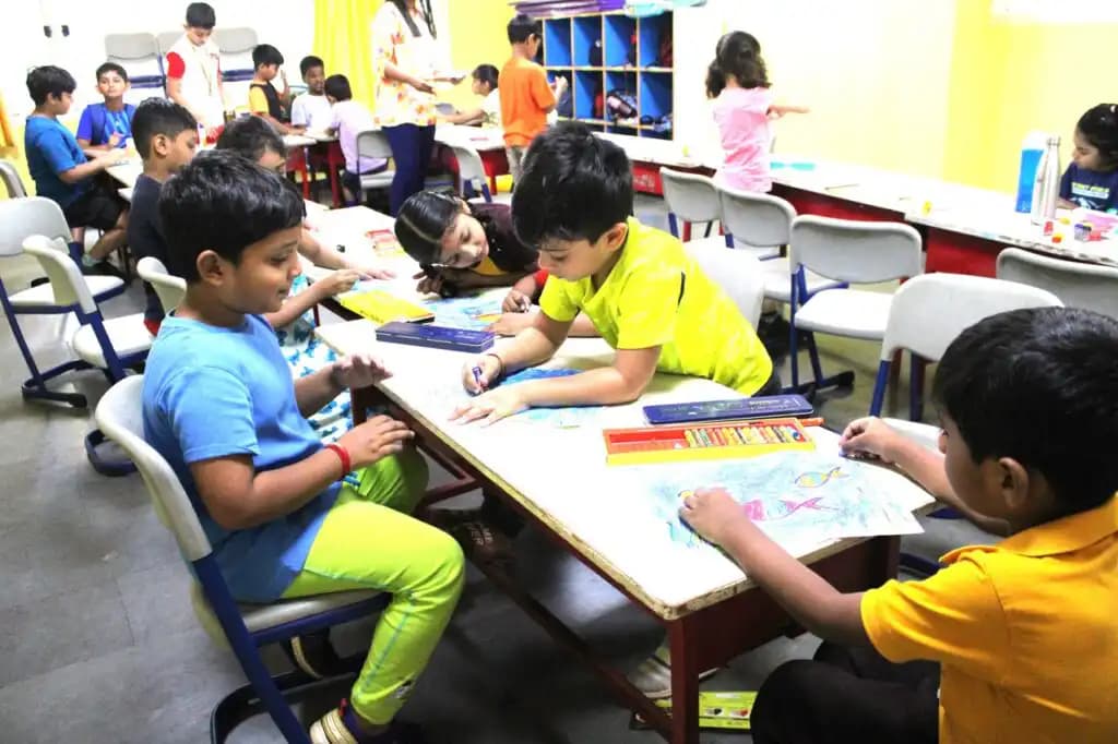 Suchitra pupils creating work together at a classroom table